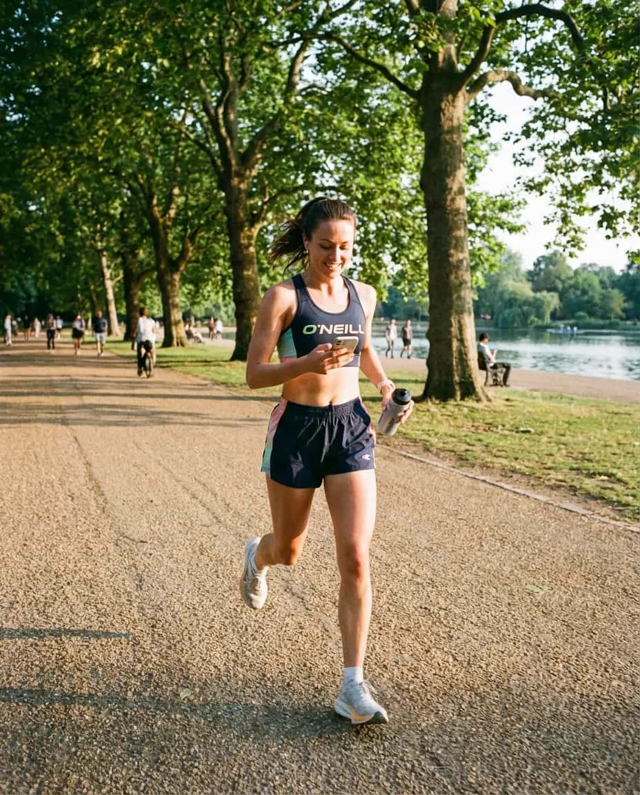 Corredora usando o 10k durante um treino ao ar livre